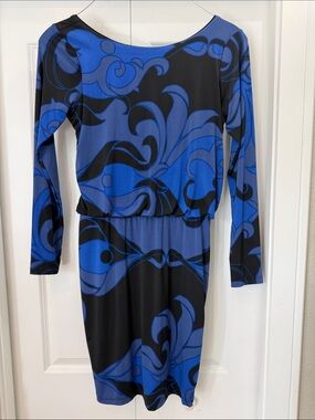 Analili Blue and Black Long-Sleeve Printed Sheath Dress